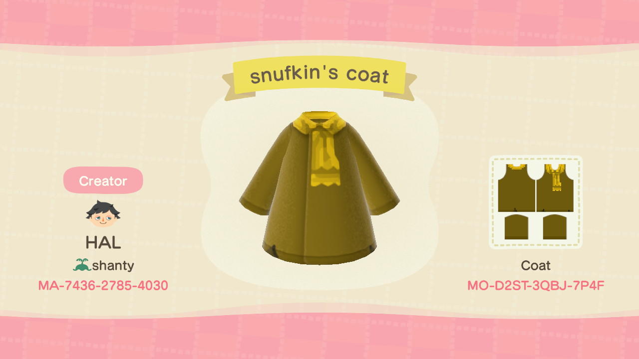 Animal Crossing Design Code: MO-D2ST-3QBJ-7P4F snufkin&#39;s coat