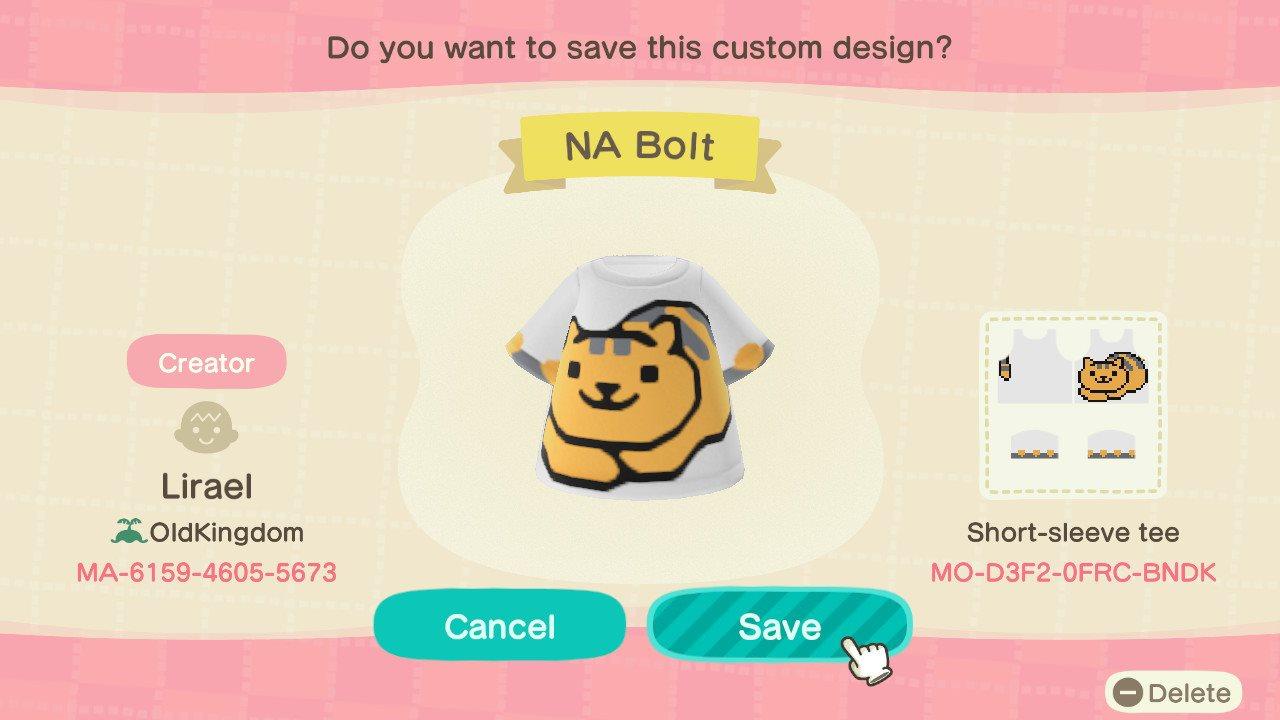 Animal Crossing Design Code: MO-D3F2-0FRC-BNDK Neko Atsume Bolt