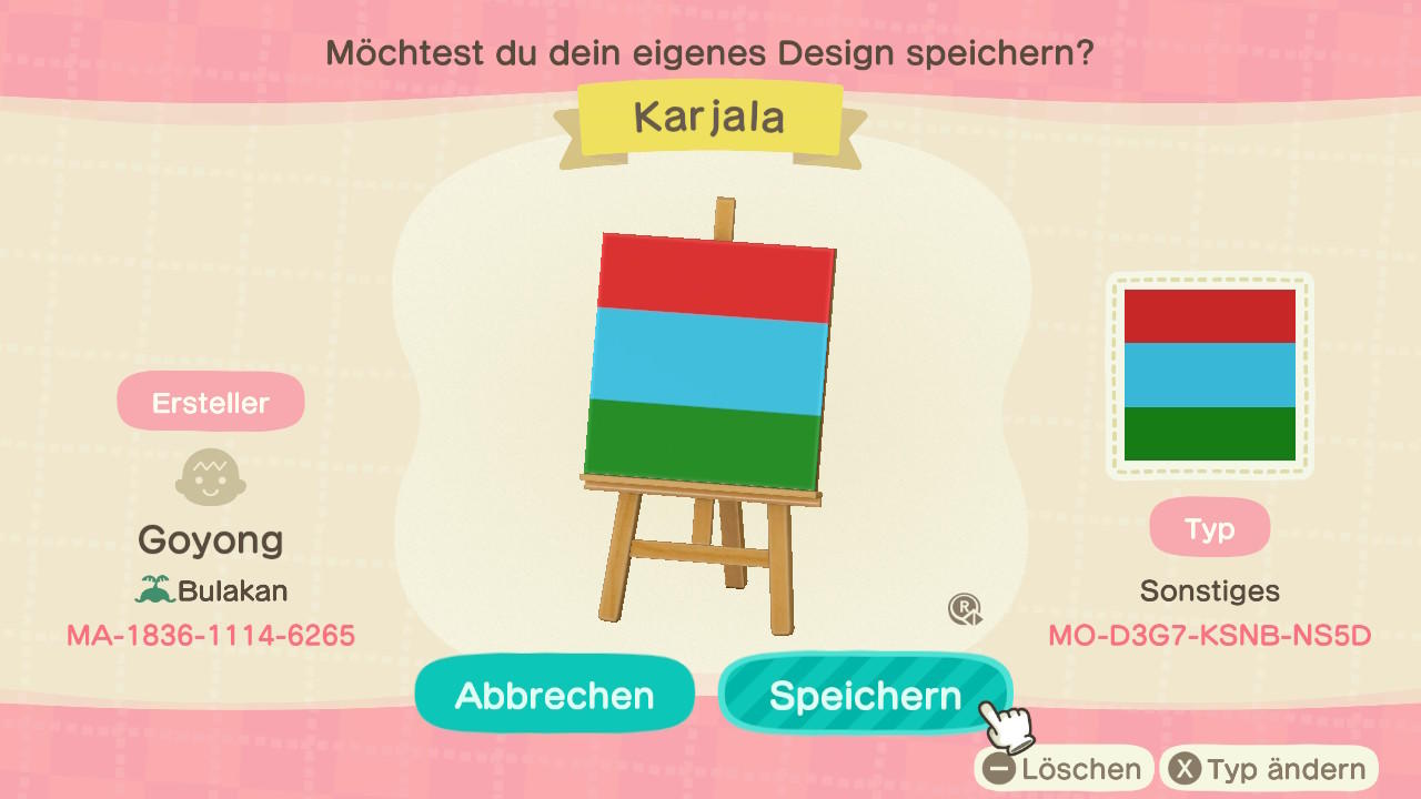 Animal Crossing Design Code: MO-D3G7-KSNB-NS5D Karelia