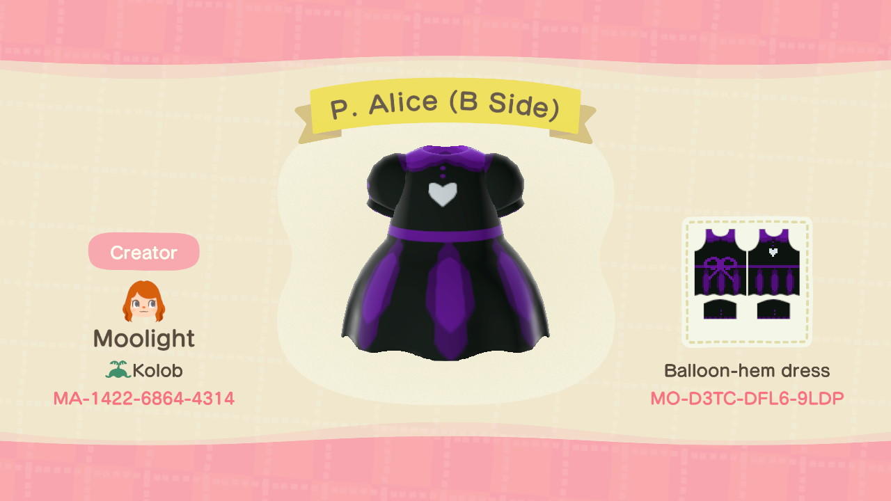 Animal Crossing Design Code: MO-D3TC-DFL6-9LDP Purple Alice B Side