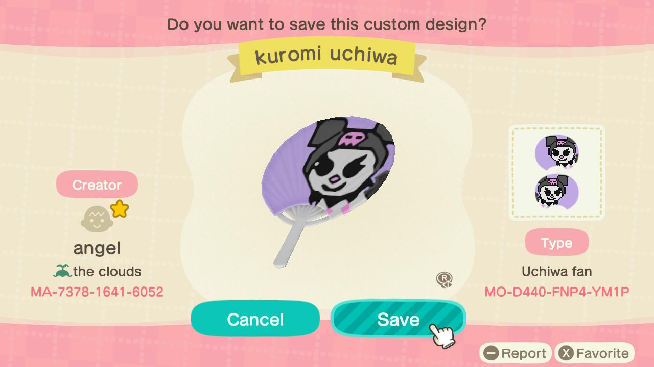 Animal Crossing Design Code: MO-D440-FNP4-YM1P Kuromi Fan