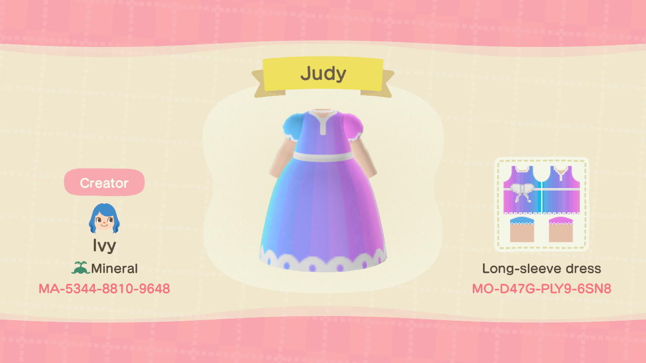 Animal Crossing Design Code: MO-D47G-PLY9-6SN8 Judy Dress