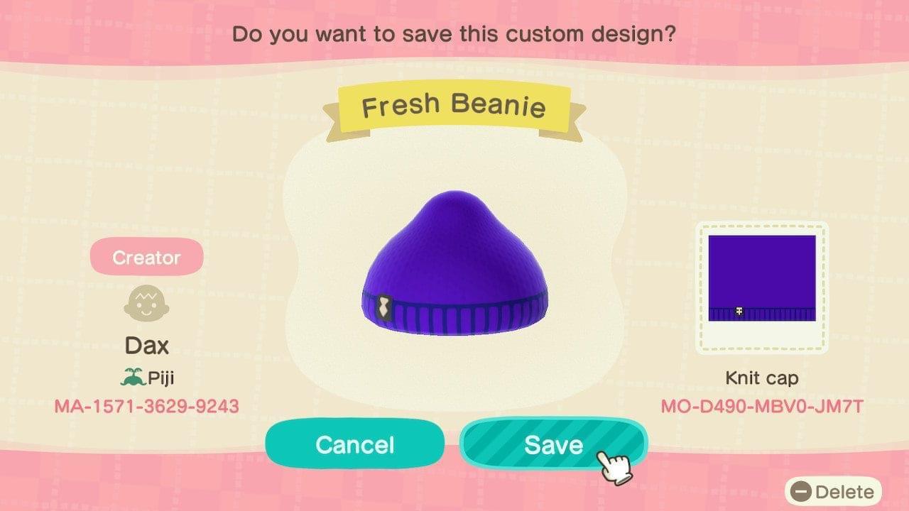 Animal Crossing Design Code: MO-D490-MBV0-JM7T Teddy Fresh Beanie