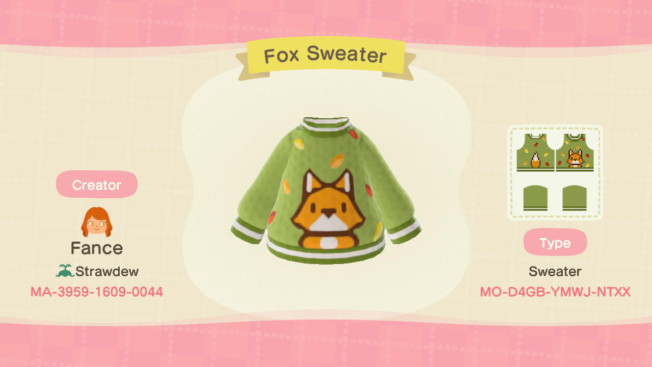Animal Crossing Design Code: MO-D4GB-YMWJ-NTXX Fox Sweater