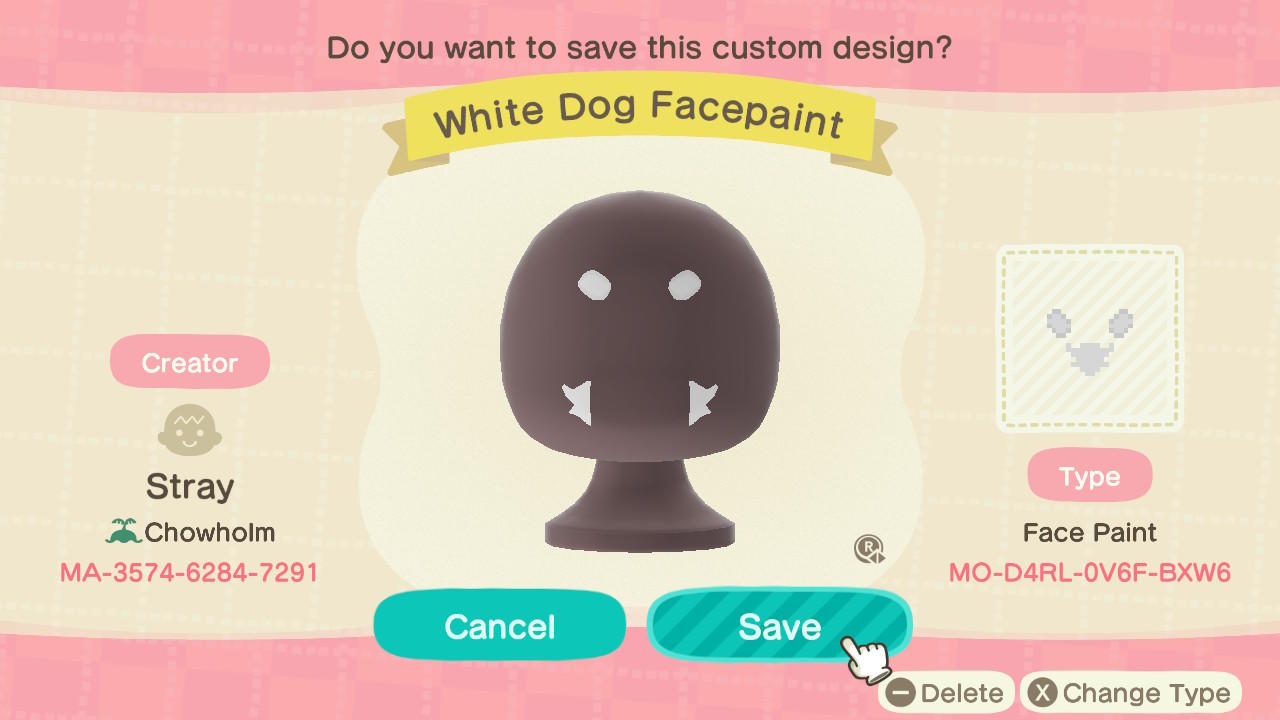 Animal Crossing Design Code: MO-D4RL-0V6F-BXW6 W DogNose Facepaint
