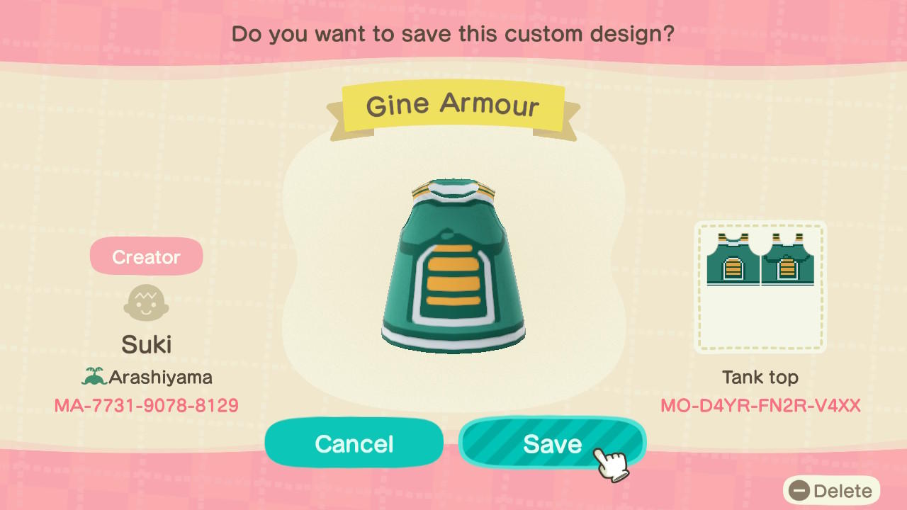 Animal Crossing Design Code: MO-D4YR-FN2R-V4XX Gine Saiyan Armour