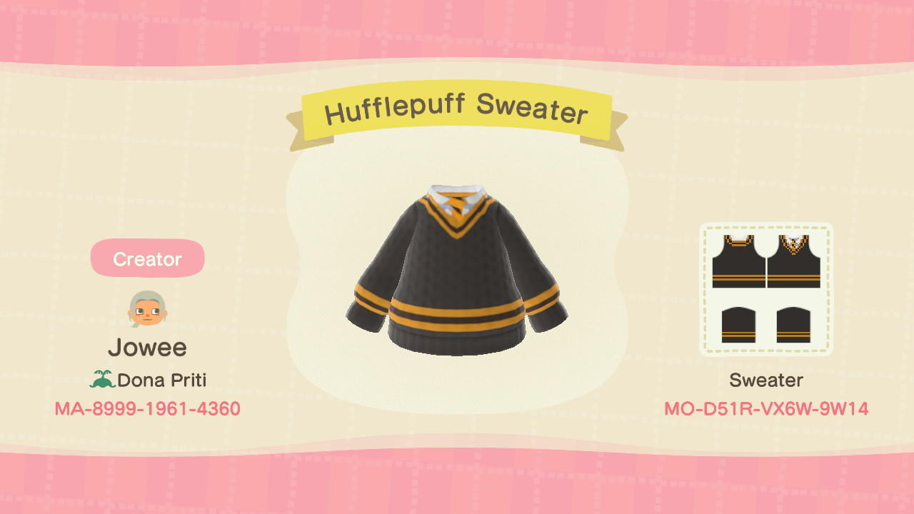 Animal Crossing Design Code: MO-D51R-VX6W-9W14 Hufflepuff Sweater