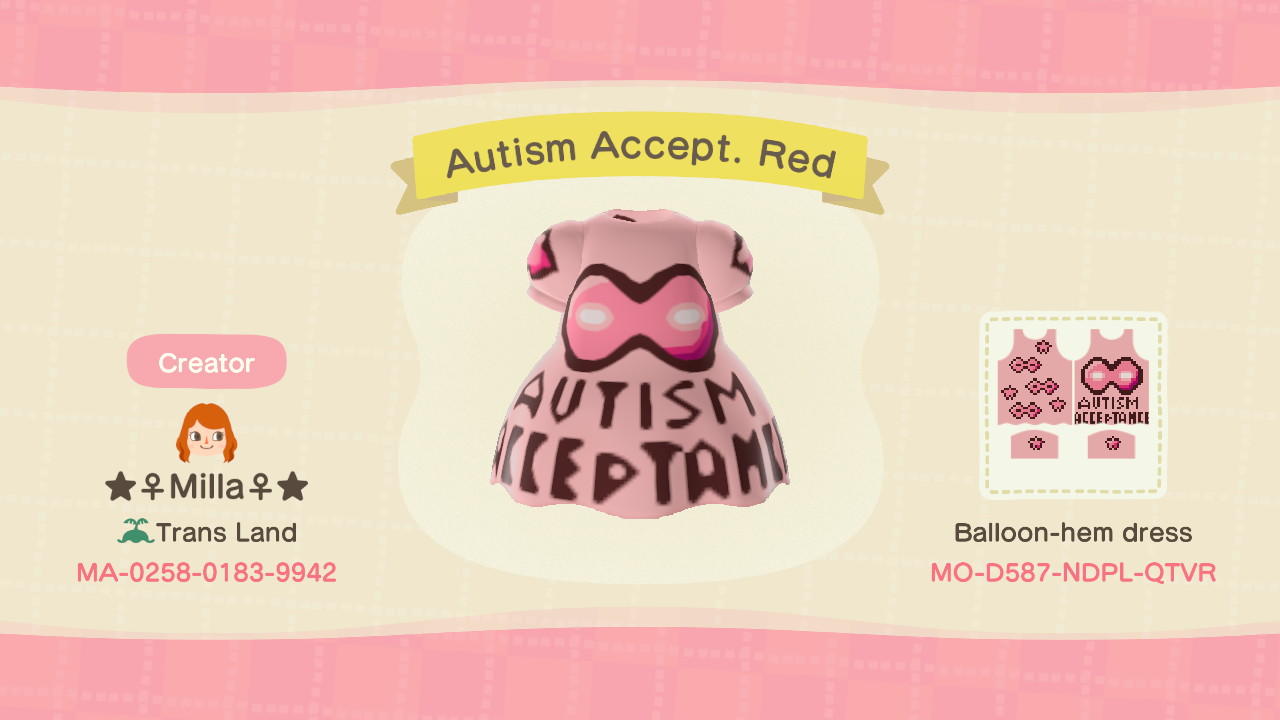 Animal Crossing Design Code: MO-D587-NDPL-QTVR Autism Accept. Red