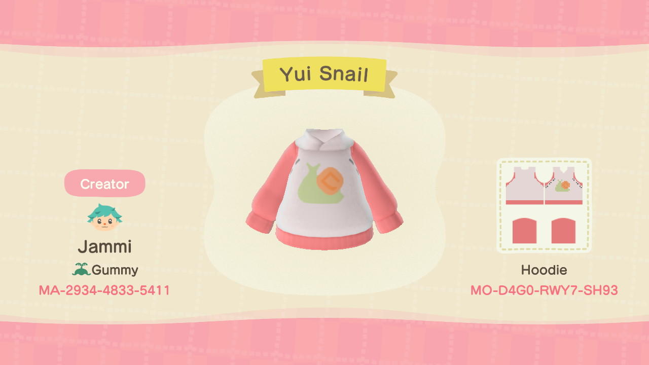 Animal Crossing Design Code: MO-D5G0-RWY7-SH83 Yui Snail