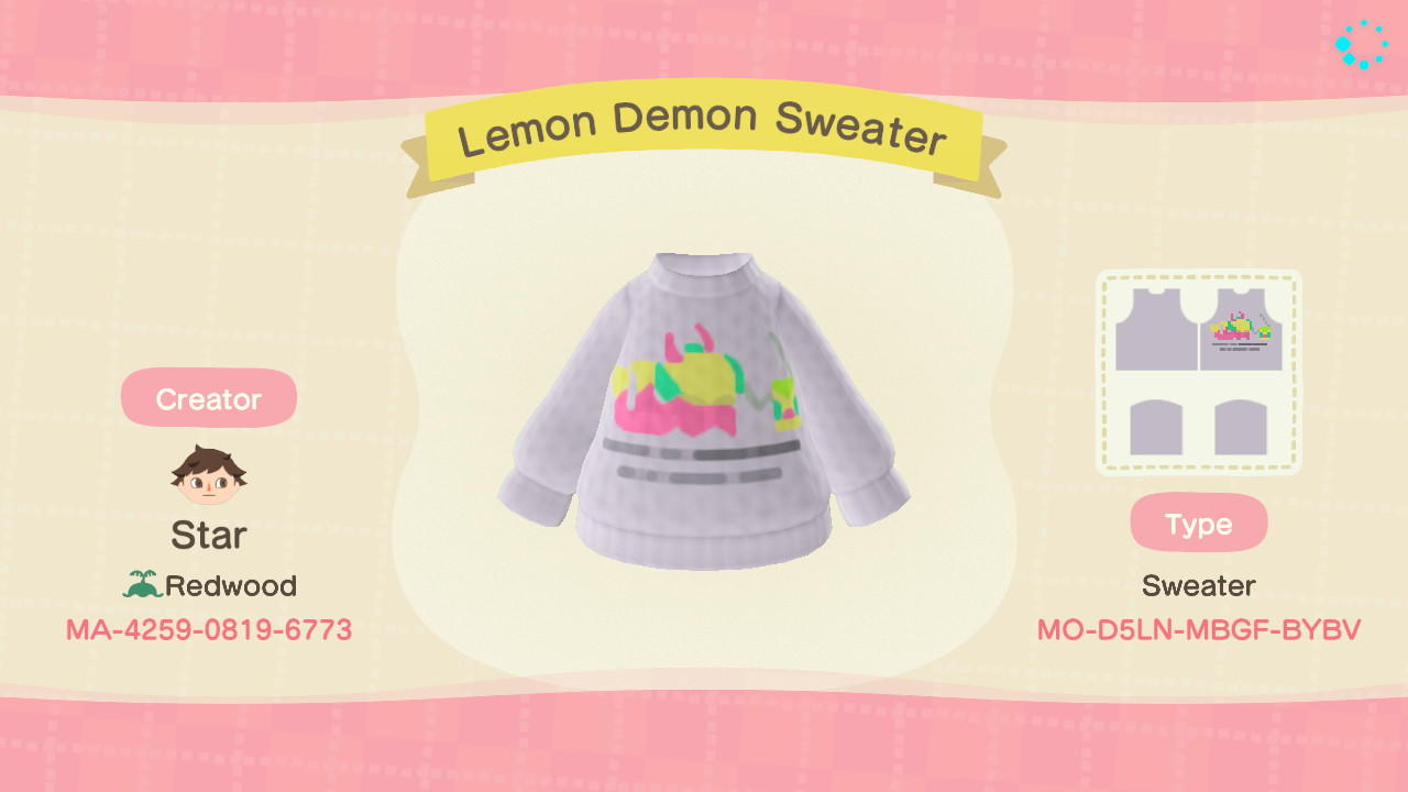 Animal Crossing Design Code: MO-D5LN-MBGF-BYBV Lemon Demon Sweater