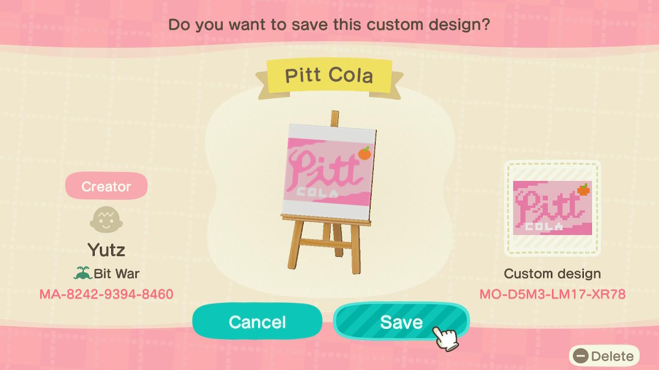 Animal Crossing Design Code: MO-D5M3-LM17-XR7W Pitt Cola