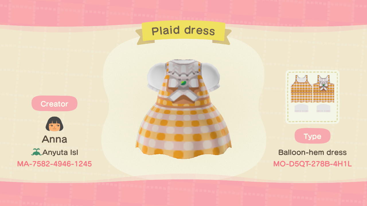 Animal Crossing Design Code: MO-D5QT-278B-4H1L Yellow plaid dress
