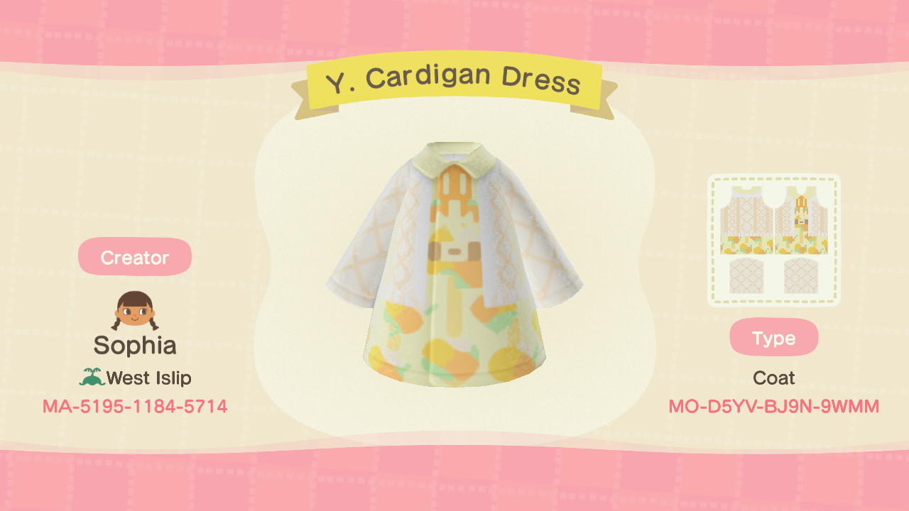 Animal Crossing Design Code: MO-D5YV-BJ9N-9WMM Y. Cardigan Dress