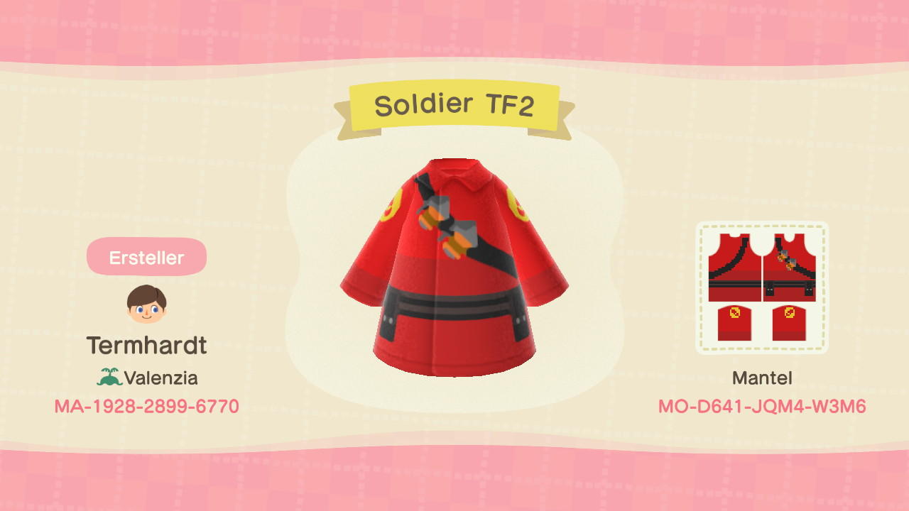 Animal Crossing Design Code: MO-D641-JQM4-W3M6 Soldier (TF2)
