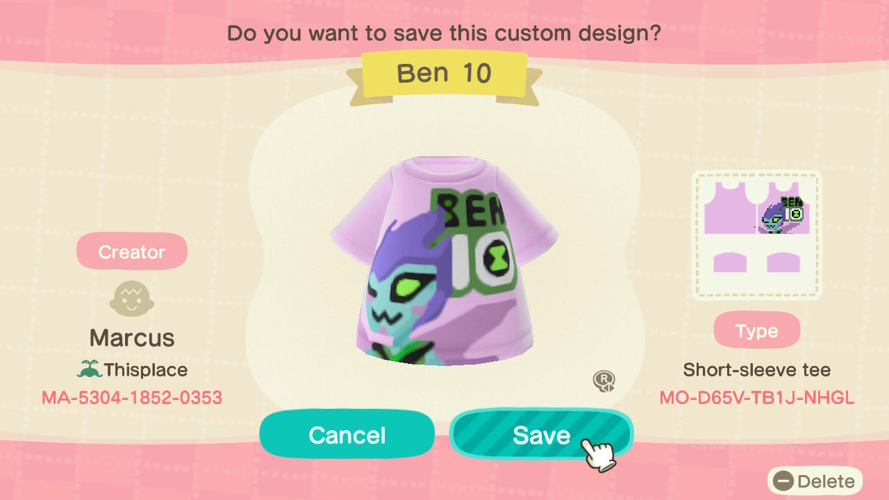 Animal Crossing Design Code: MO-D65V-TB1J-NHGL Ben 10 Pesky Dust