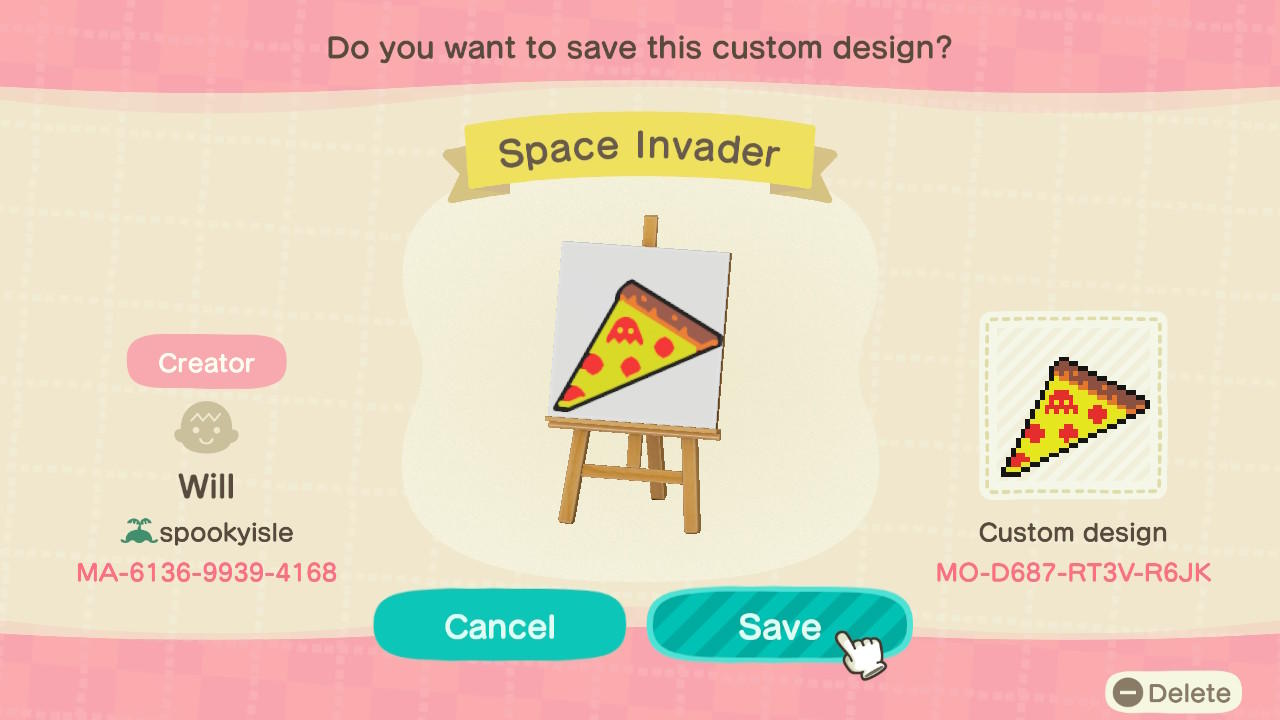 Animal Crossing Design Code: MO-D687-RT3V-R6JK Space Invader