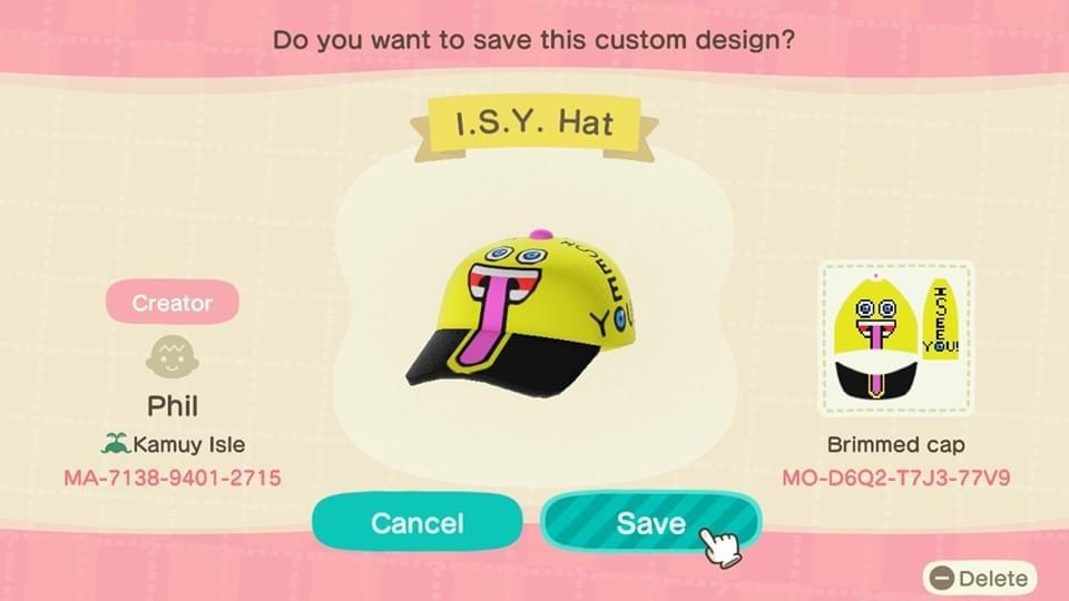 Animal Crossing Design Code: MO-D6Q2-T7J3-77V9 I.S.Y. Hat