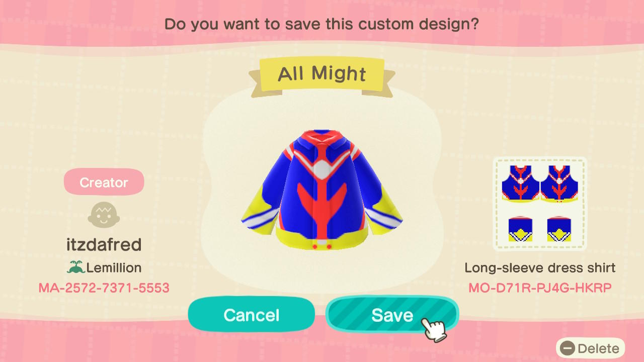 Animal Crossing Design Code: MO-D71R-PJ4G-HKRP All Might