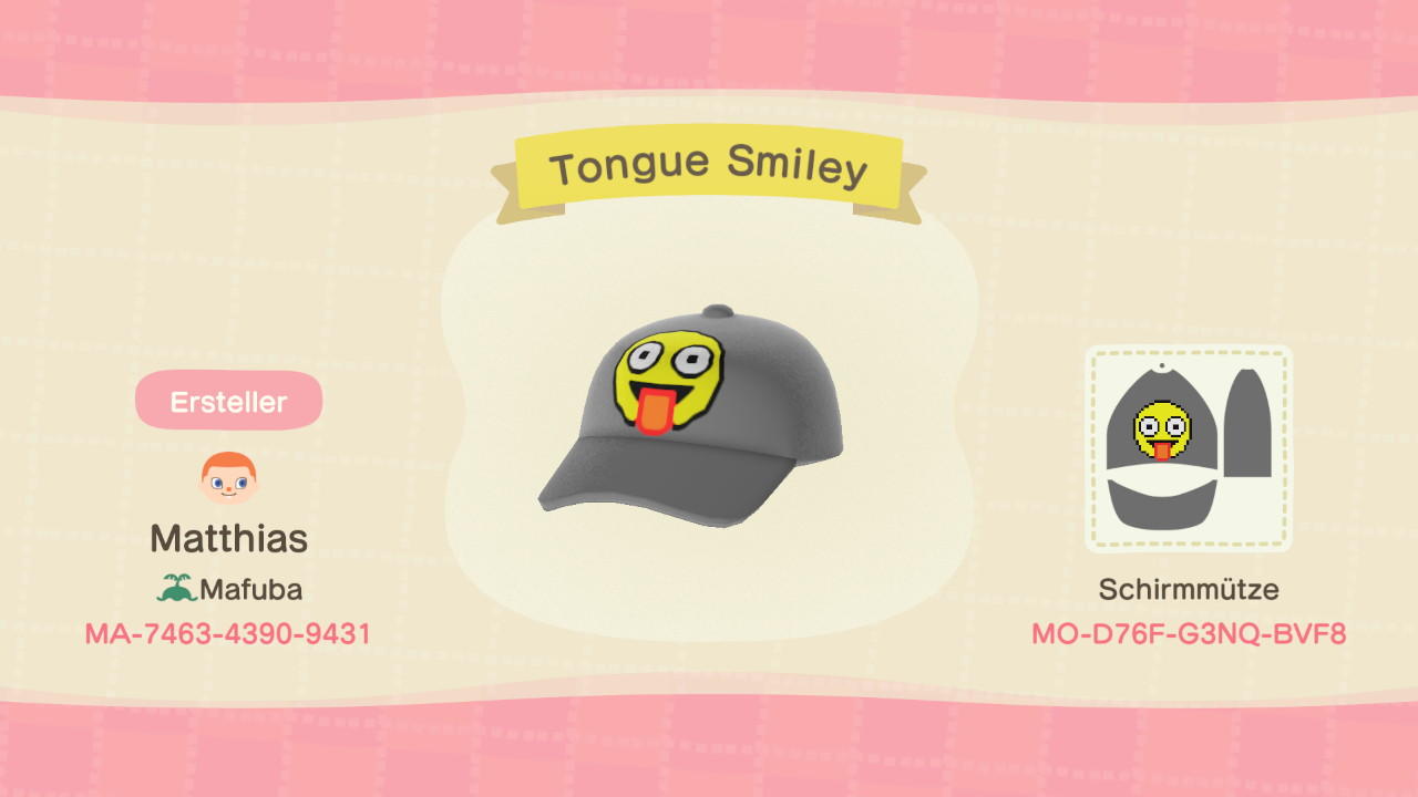 Animal Crossing Design Code: MO-D76F-G3NQ-BVF8 Tongue Smiley