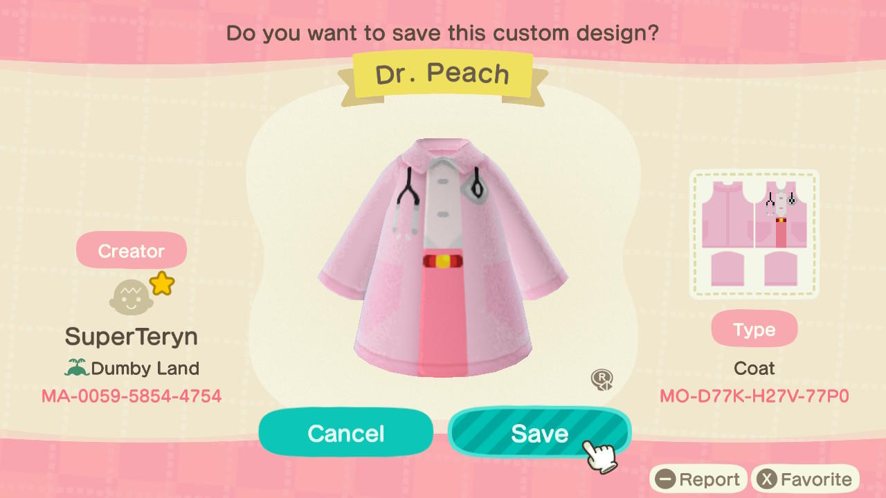 Animal Crossing Design Code: MO-D77K-H27V-77P0 Dr. Peach