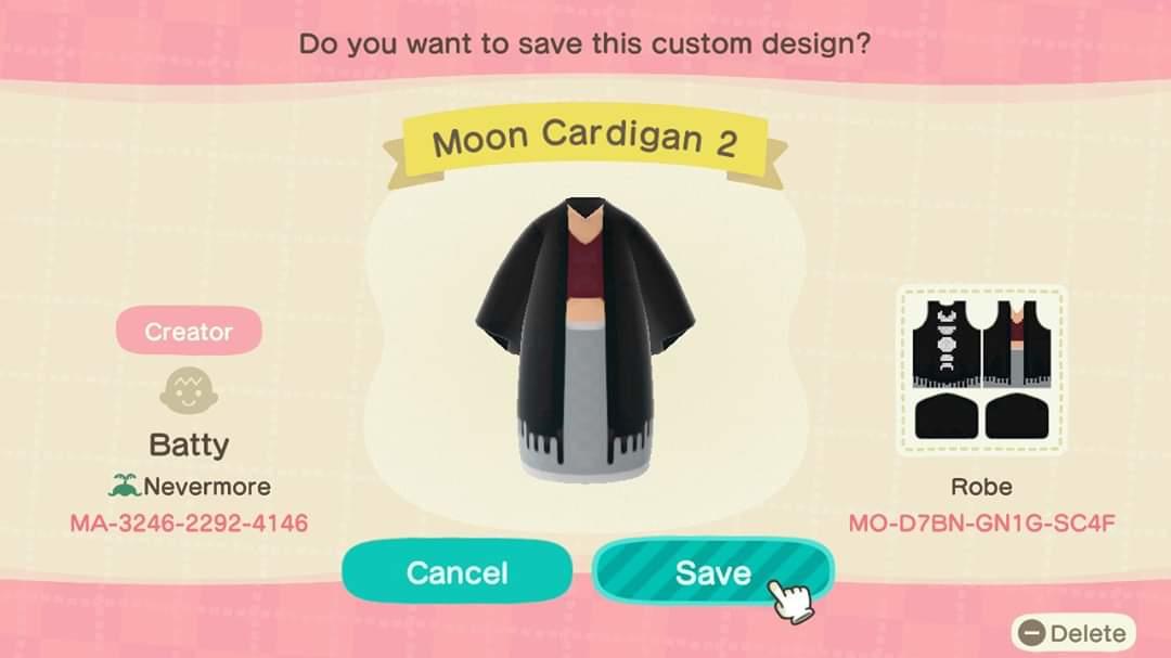 Animal Crossing Design Code: MO-D7BN-GN1G-SC4F Moon Cardigan 2