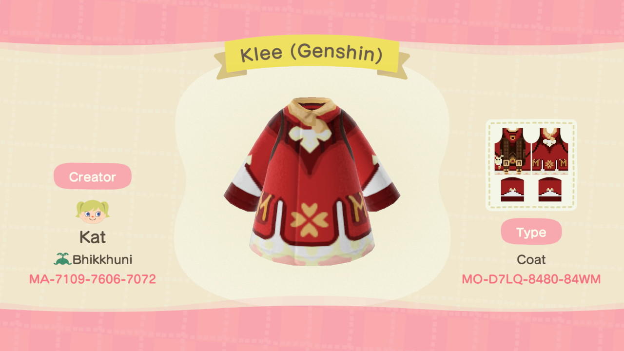 Animal Crossing Design Code: MO-D7LQ-8480-64WM Klee (Genshin)