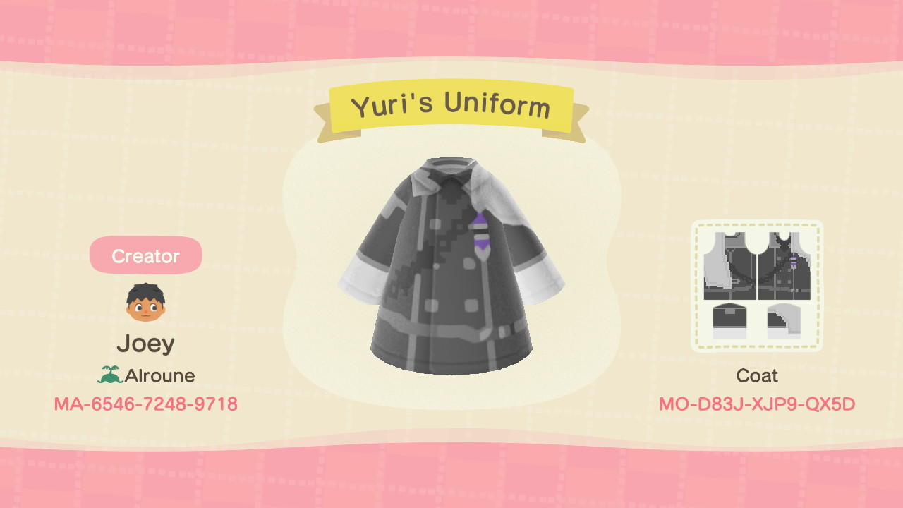 Animal Crossing Design Code: MO-D83J-XJP9-QX5D Yuri&#39;s Uniform