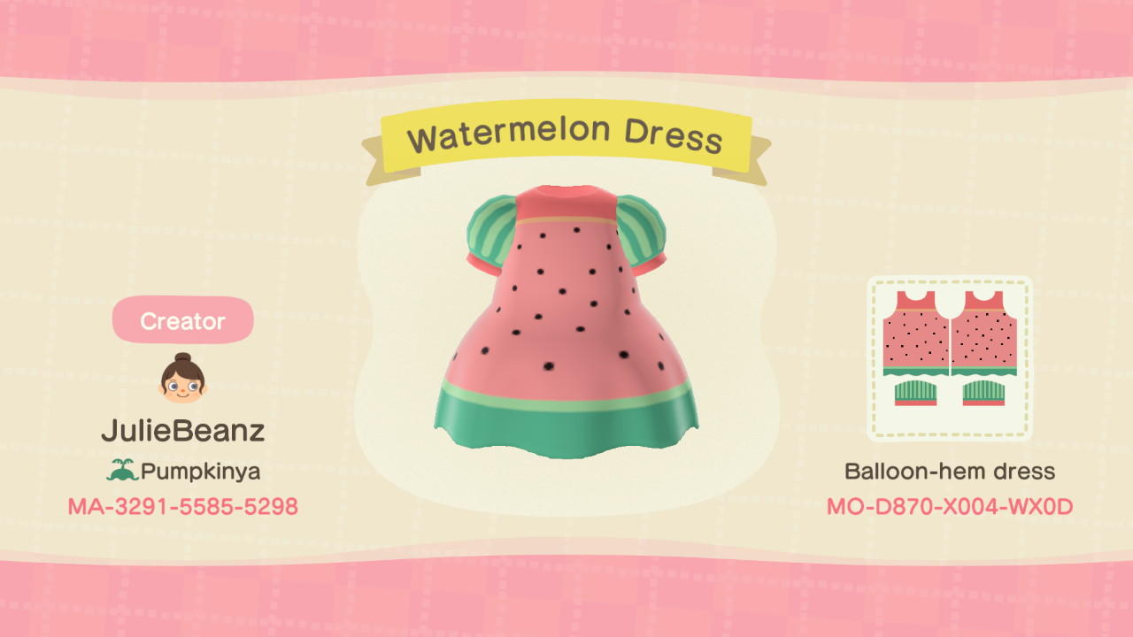 Animal Crossing Design Code: MO-D870-X004-WX0D Watermelon Dress