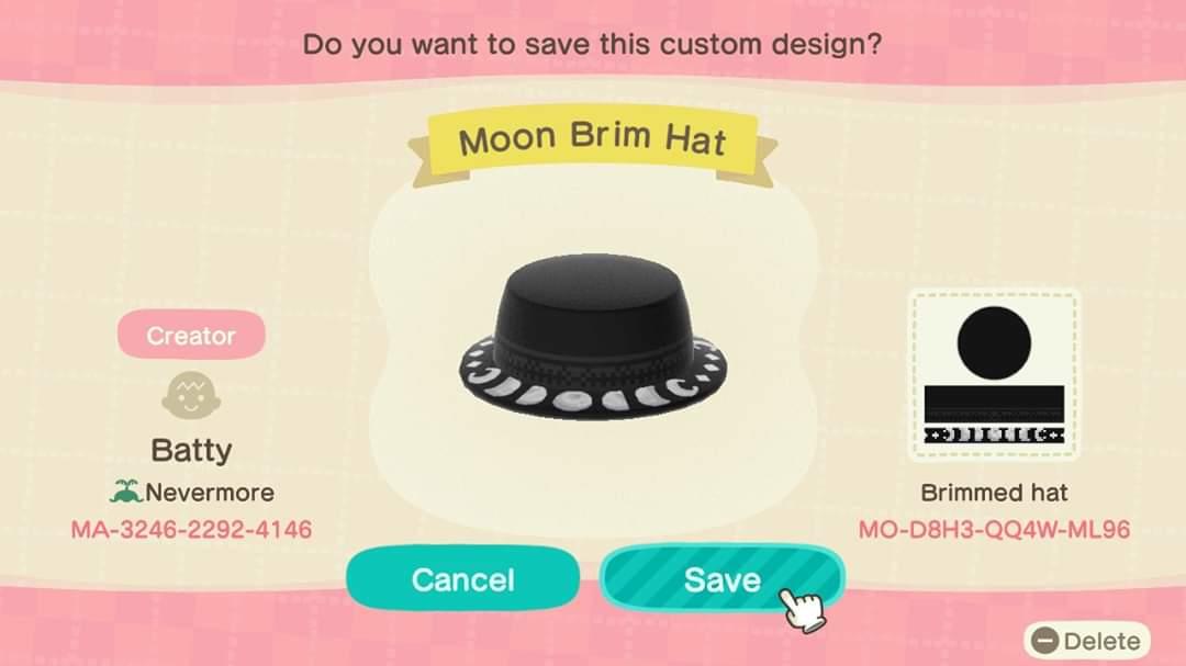 Animal Crossing Design Code: MO-D8H3-QQ4W-ML96 Moon Brim Hat