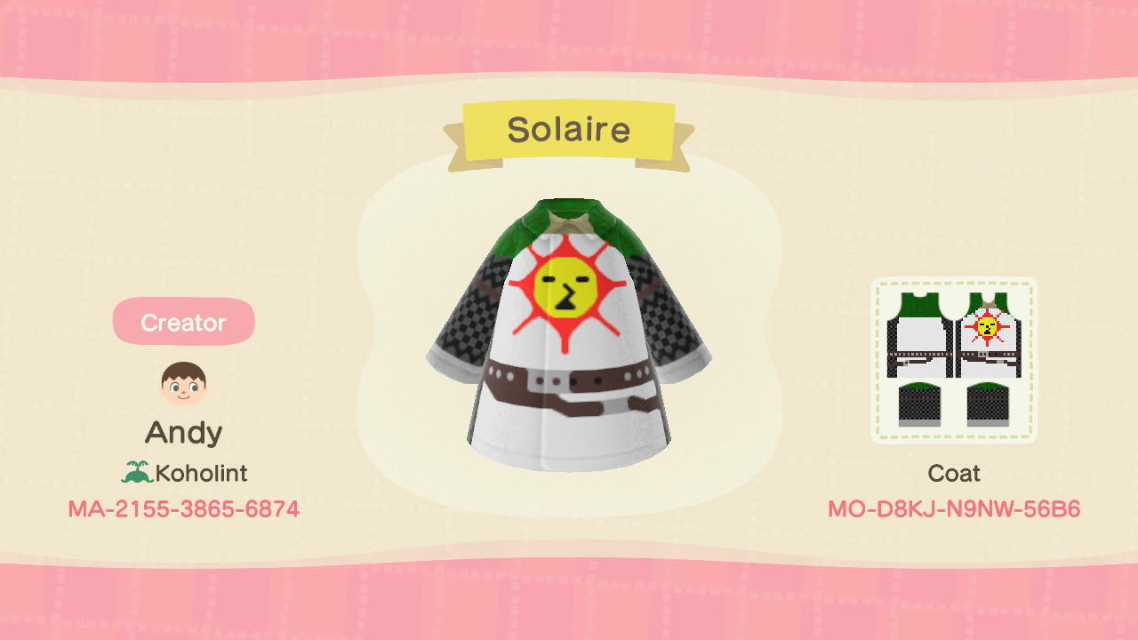 Animal Crossing Design Code: MO-D8KJ-N9NW-56B6 Solaire (Dark Souls)