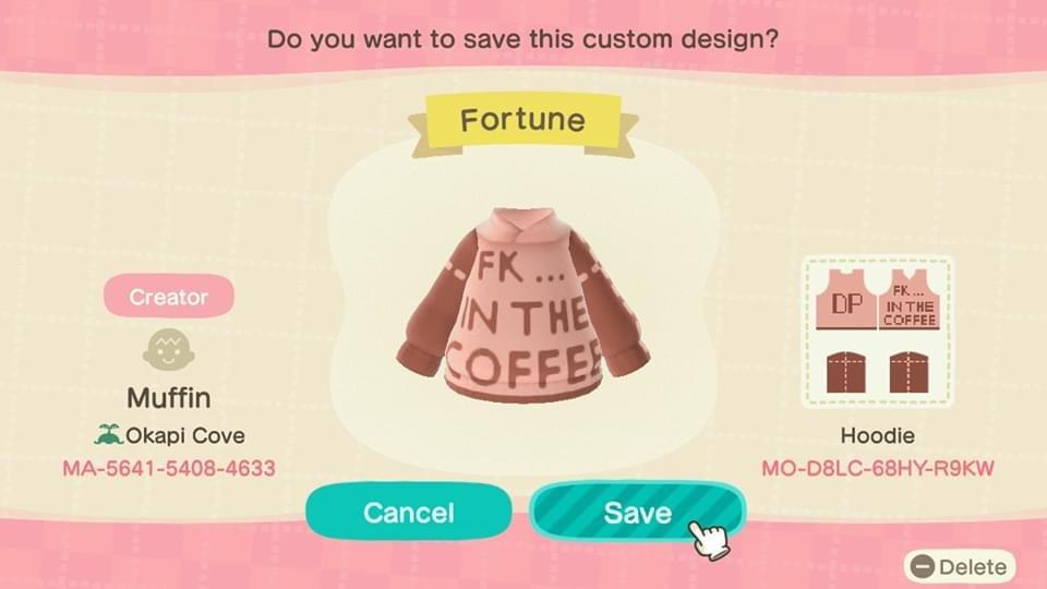 Animal Crossing Design Code: MO-D8LC-68HY-R9KW Fortune