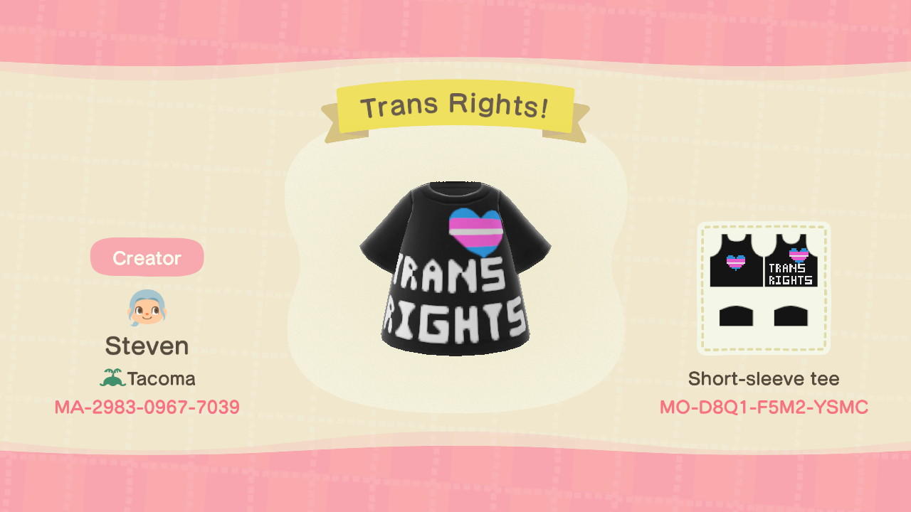 Animal Crossing Design Code: MO-D8Q1-F5M2-YSMC Trans Rights!