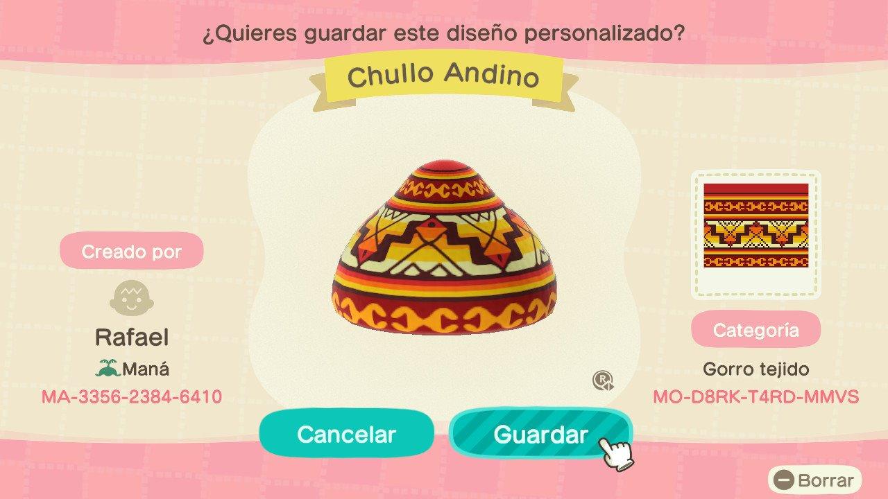Animal Crossing Design Code: MO-D8RK-T4RD-MMVS Chullo Andino
