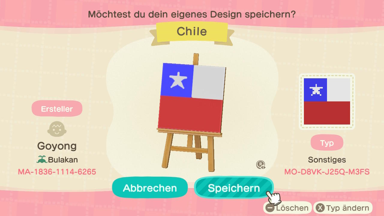 Animal Crossing Design Code: MO-D8VK-J25Q-M3FS Chile