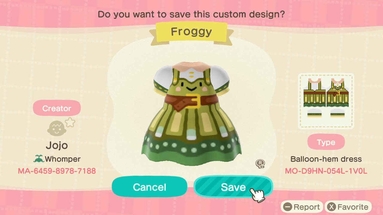 Animal Crossing Design Code: MO-D9HN-054L-1V0L Froggy