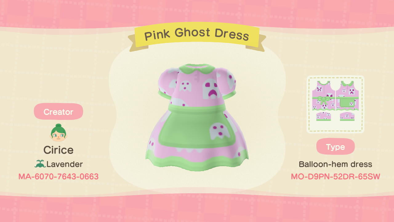 Animal Crossing Design Code: MO-D9PN-52DR-65SW Pink Ghost Dress