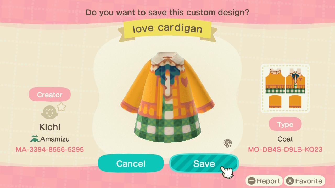 Animal Crossing Design Code: MO-DB4S-D9LB-KQ23 Love Cardigan
