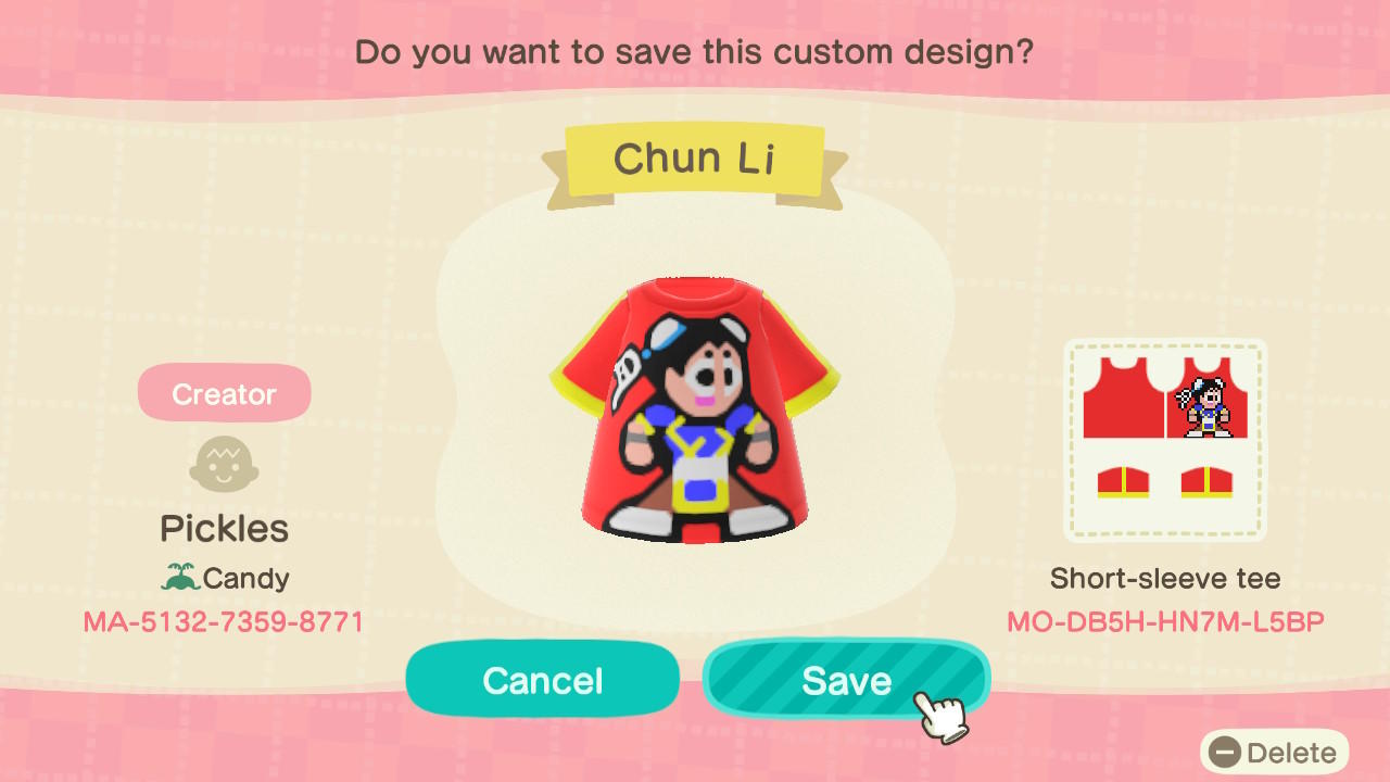Animal Crossing Design Code: MO-DB5H-HN7M-L5BP Chun Li