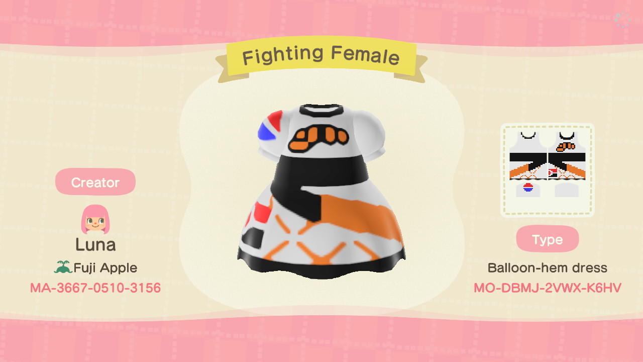 Animal Crossing Design Code: MO-DBMJ-2VWX-K6HV Fighting Female