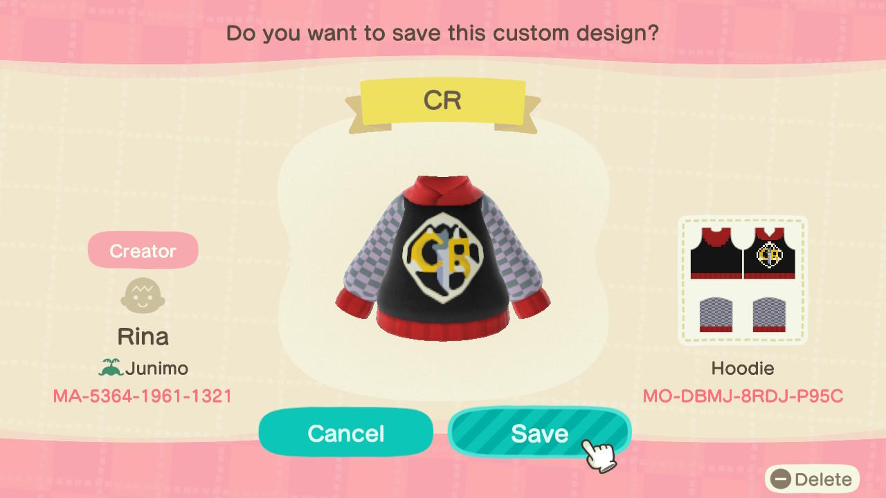 Animal Crossing Design Code: MO-DBMJ-8RDJ-P95C CR Hoodie