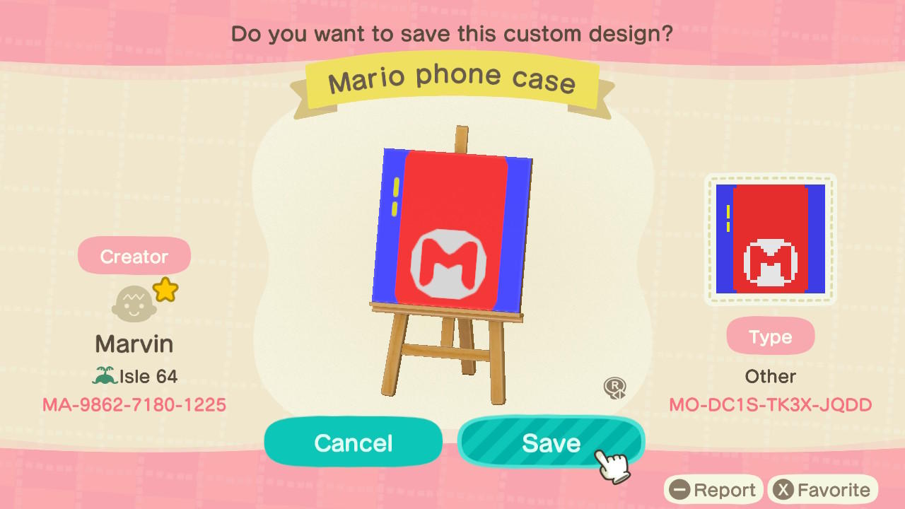 Animal Crossing Design Code: MO-DC1S-TK3X-JQDD Mario Phone Case