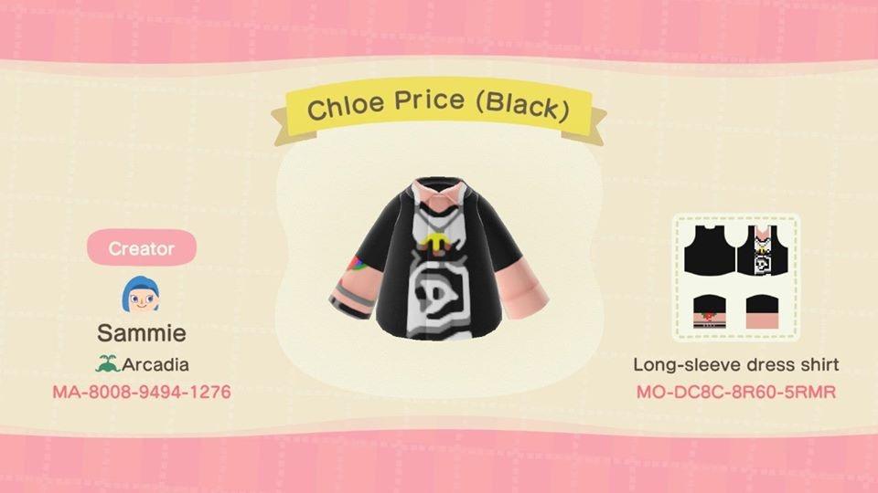 Animal Crossing Design Code: MO-DC8C-8R60-5RMR Chloe Price (Black)