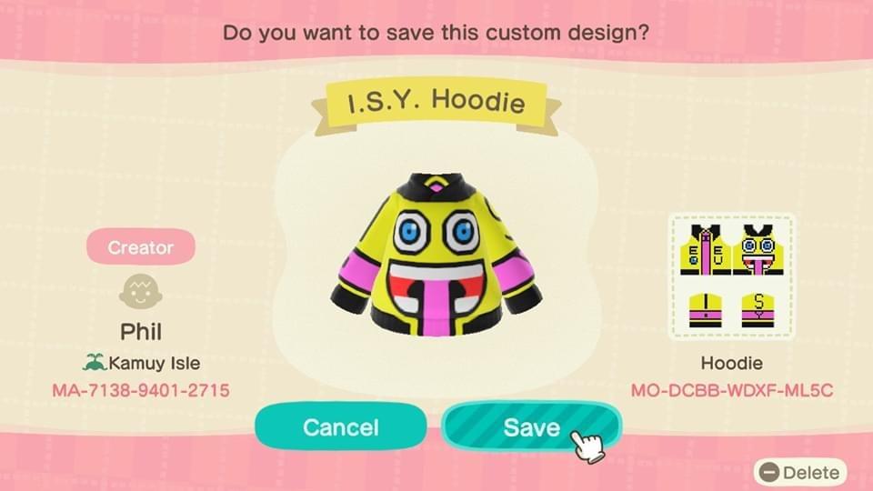 Animal Crossing Design Code: MO-DCBB-WDXF-ML5C I.S.Y. Hoodie