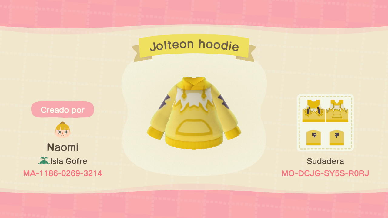 Animal Crossing Design Code: MO-DCJG-SY5S-R0RJ Jolteon hoodie