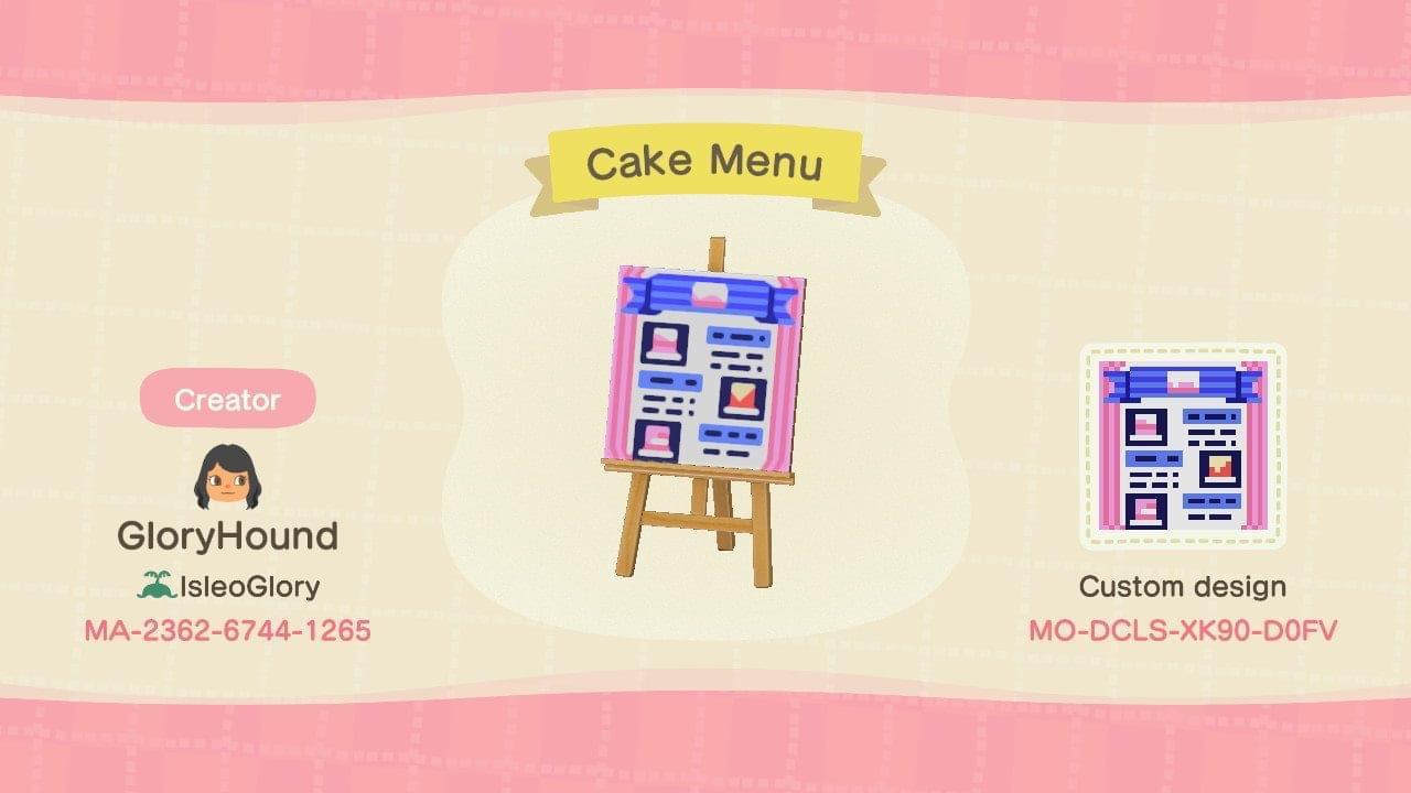 Animal Crossing Design Code: MO-DCLS-XK90-D0FV Cake Menu