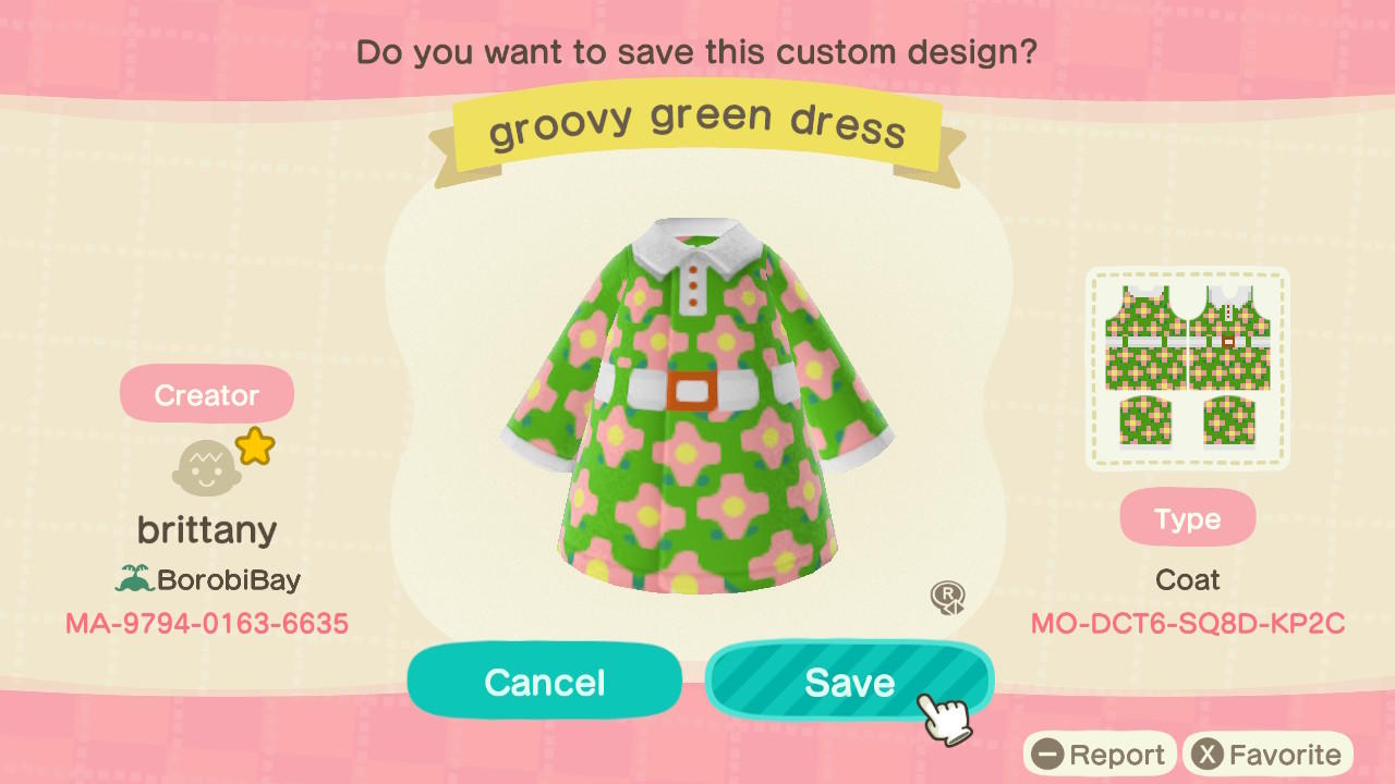Animal Crossing Design Code: MO-DCT6-SQ8D-KP2C Groovy Green Dress