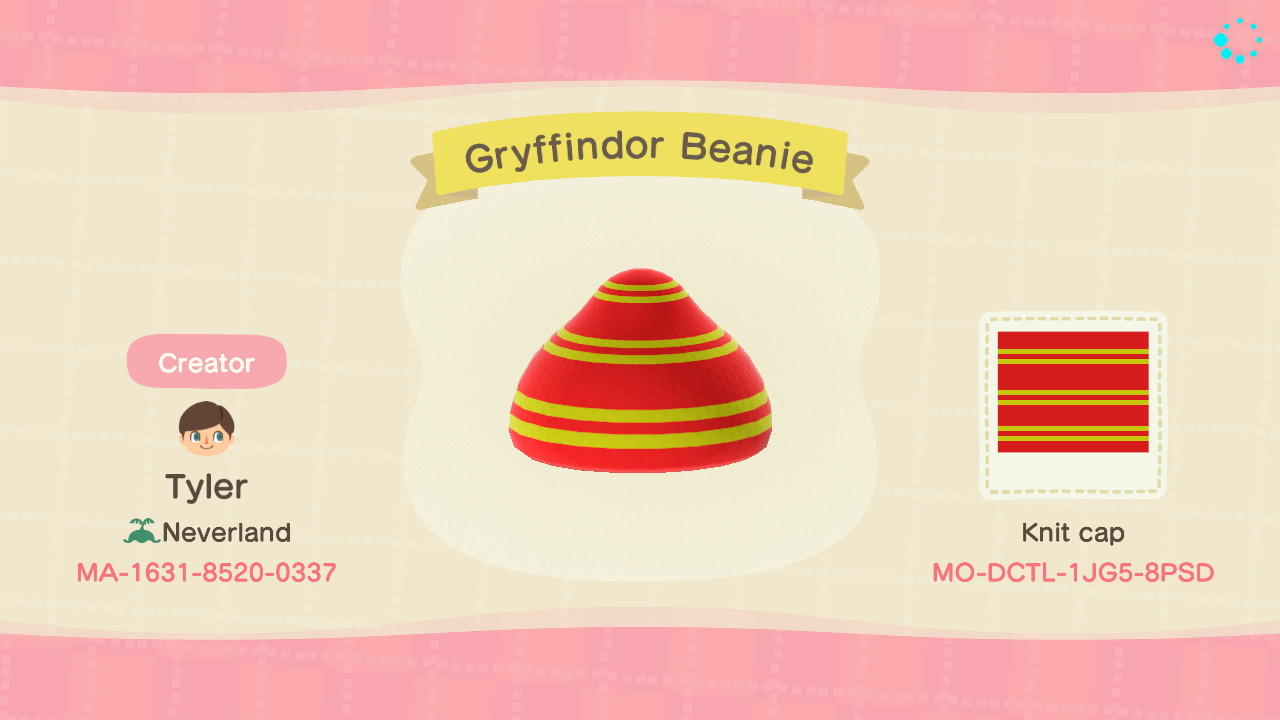 Animal Crossing Design Code: MO-DCTL-1JG5-8PSD Gryffindor Beanie