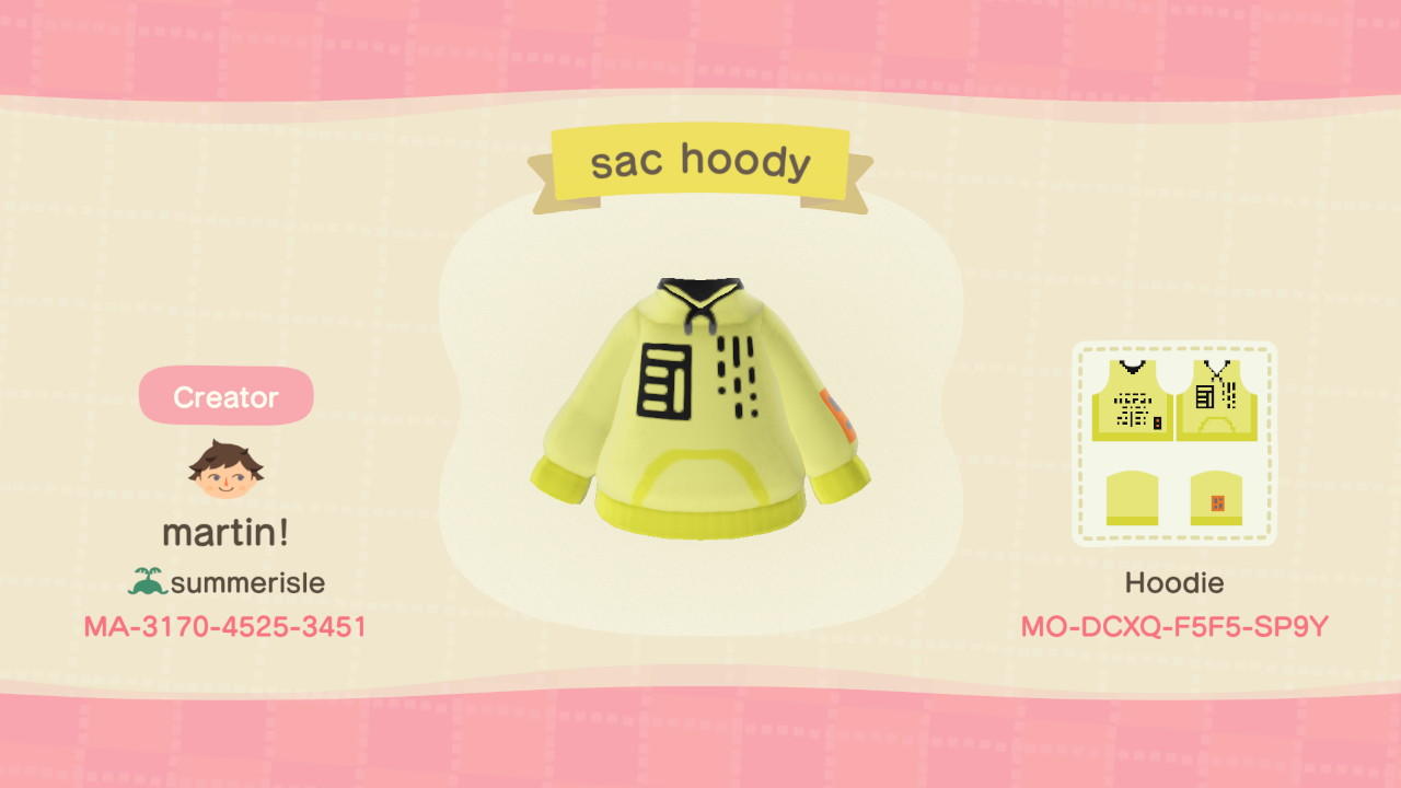 Animal Crossing Design Code: MO-DCXQ-F5F5-SP9Y SAC hoodie