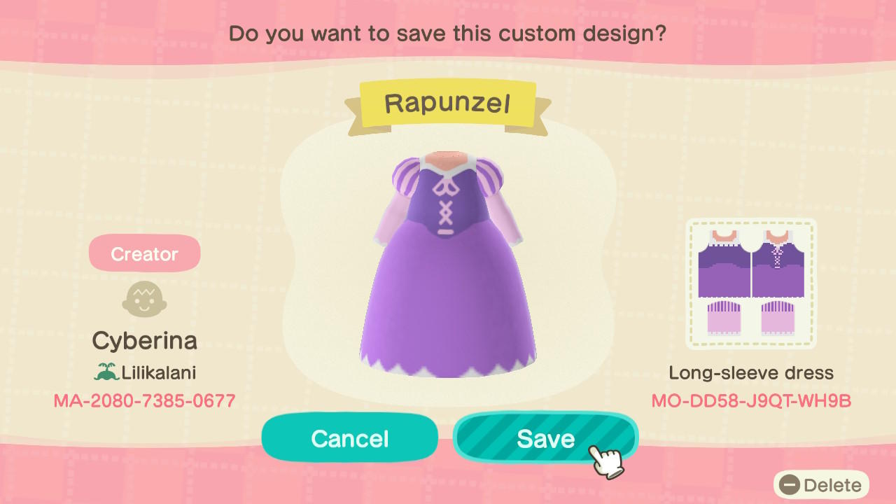 Animal Crossing Design Code: MO-DD58-J9QT-WH9B Rapunzel