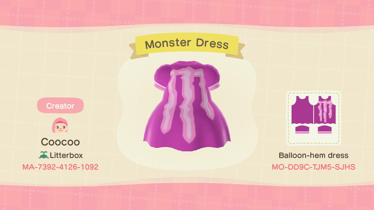 Animal Crossing Design Code: MO-DD9C-TJM5-SJHS Monster Dress